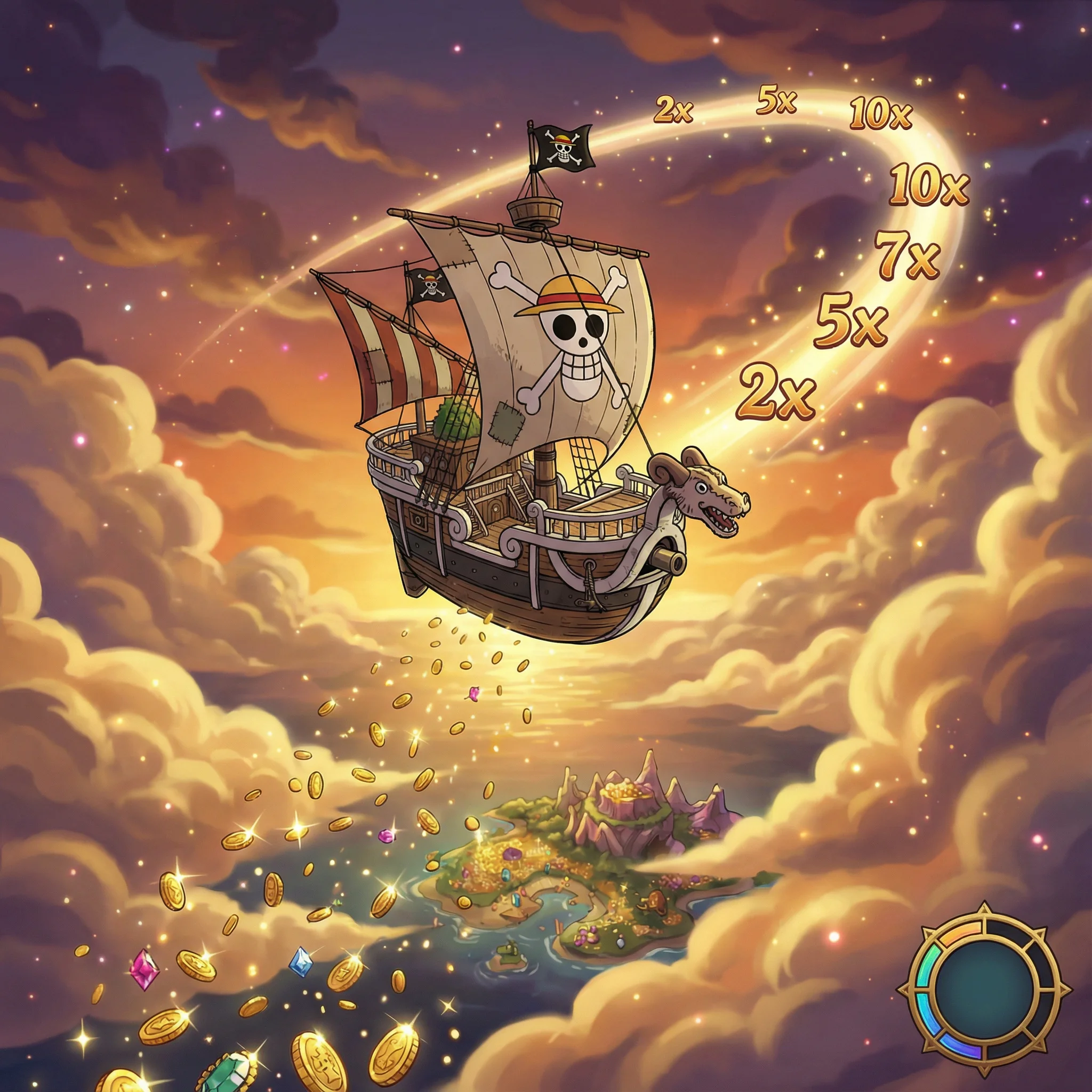 Barco pirata volador con multiplicadores de ganancias y monedas cayendo del cielo