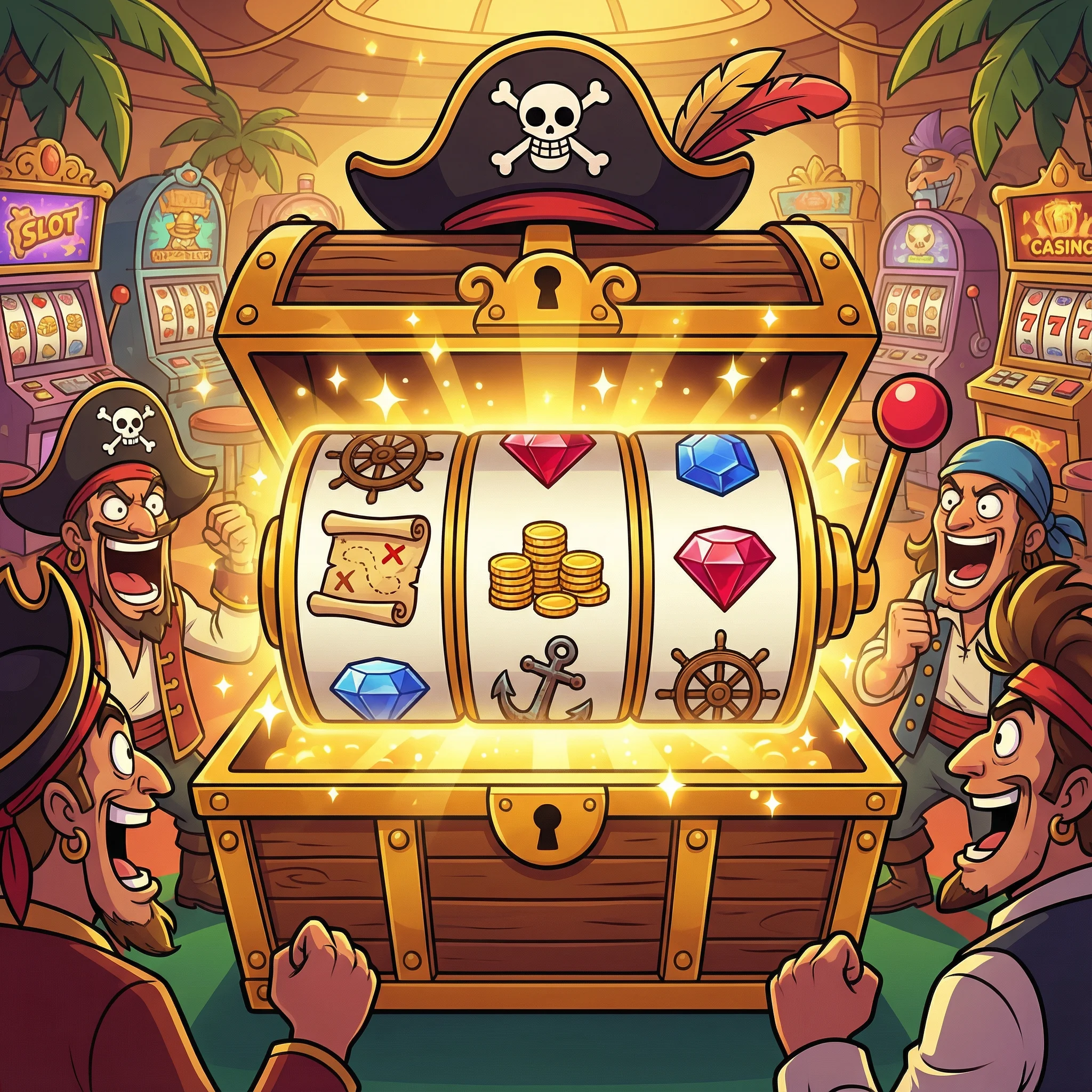 Máquina tragamonedas estilo cofre del tesoro con símbolos piratas girando